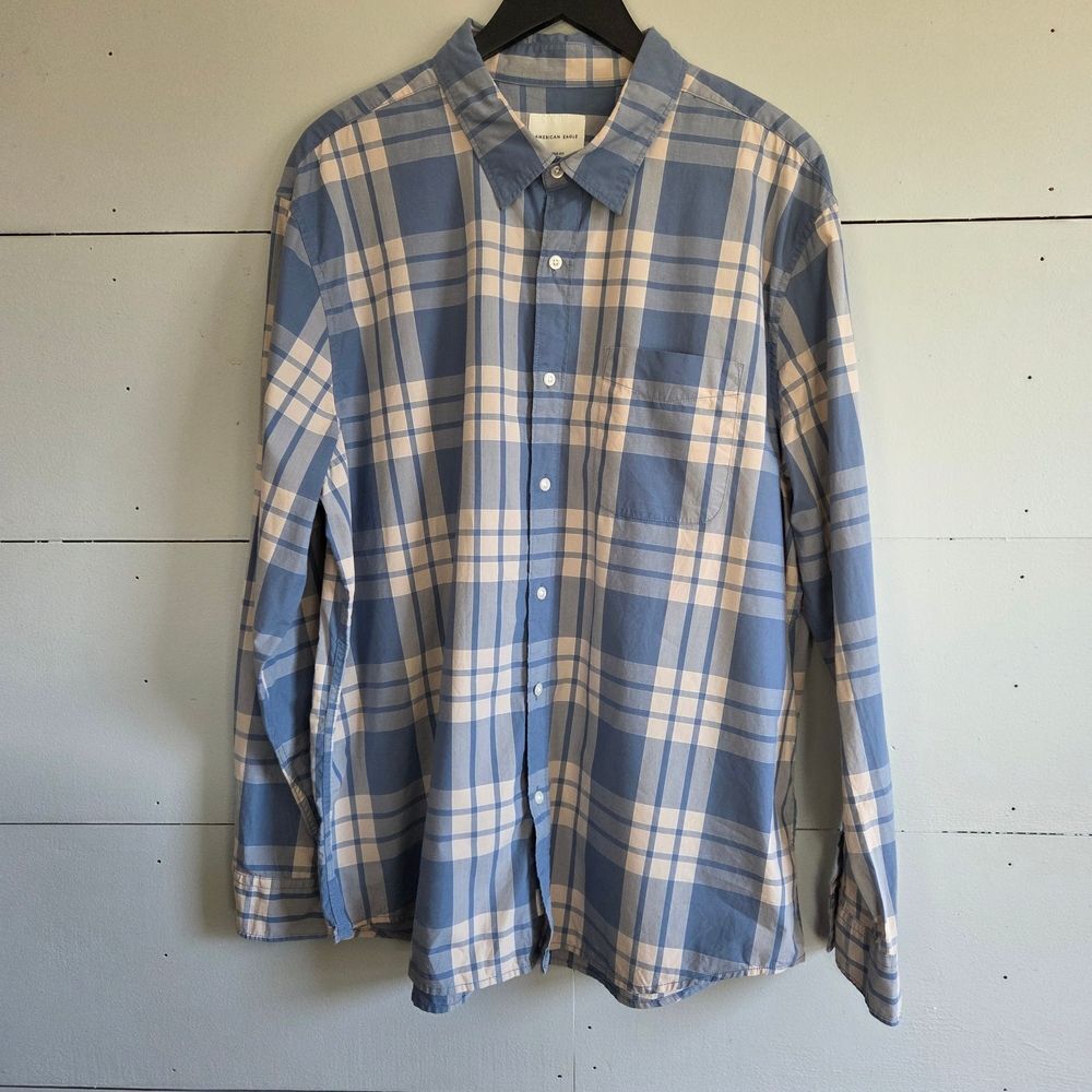 American Eagle Outfitters Men's Plaid Cotton Button-Up Shirt XXL Blue White